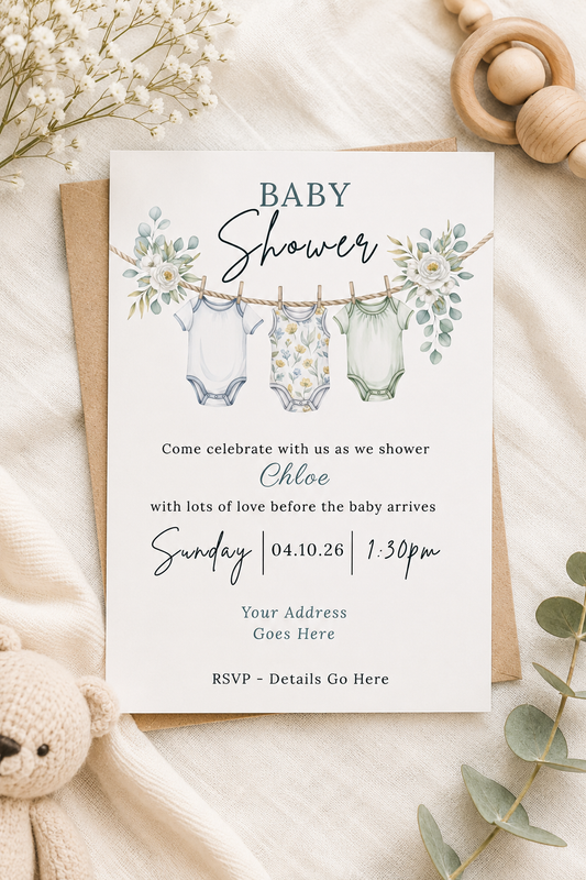 Personalised Baby Shower Invitations, Gender Neutral - Baby Grow Washing Line