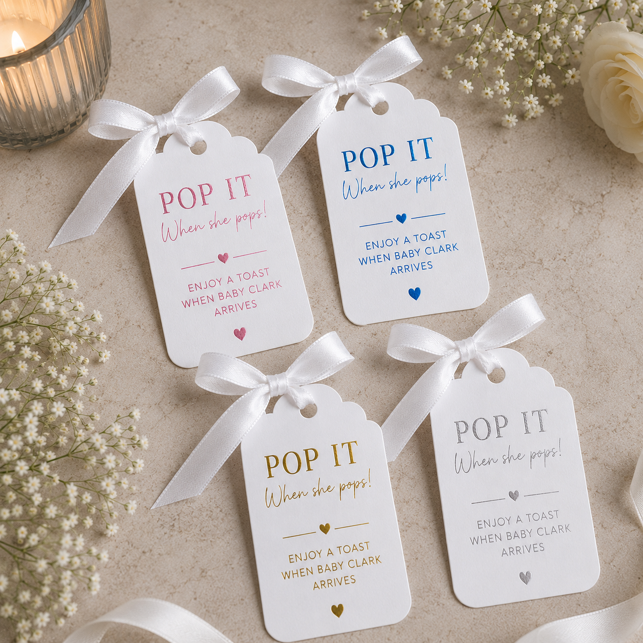 Baby Shower Personalised Foiled Favour Tags - POP It