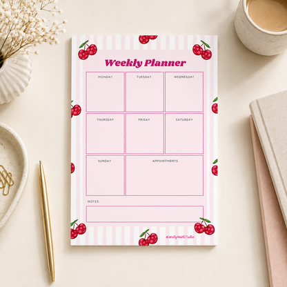 Cherry Weekly Planner Pad | A5 Desk Organiser with Notes & Appointments