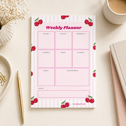 Cherry Weekly Planner Pad | A5 Desk Organiser with Notes & Appointments