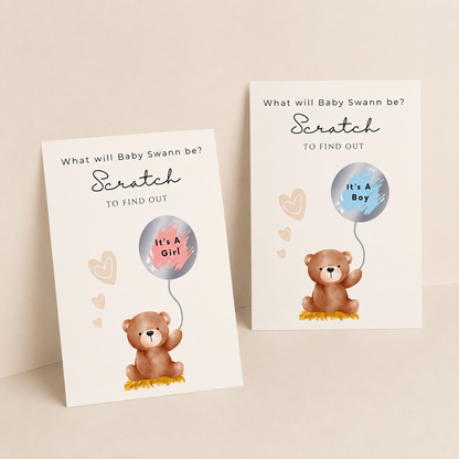 Gender Reveal Scratch Cards, Teddy Bear with a balloon panel