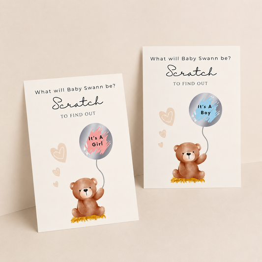 Gender Reveal Scratch Cards, Teddy Bear with a balloon panel