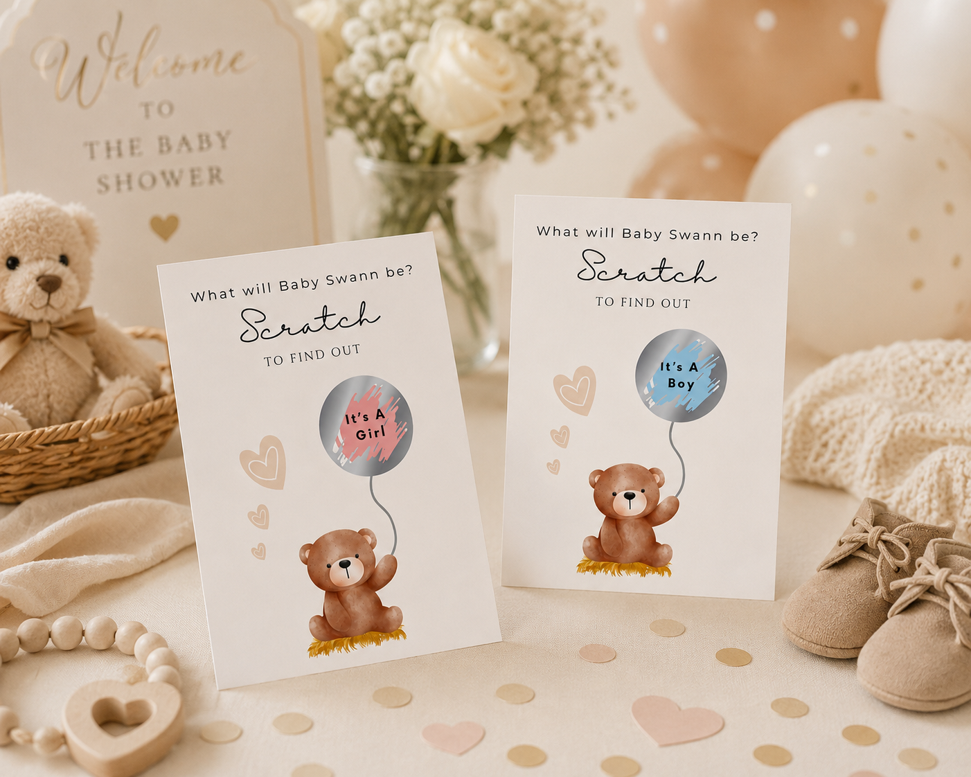 Gender Reveal Scratch Cards, Teddy Bear with a balloon panel