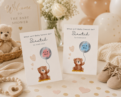 Gender Reveal Scratch Cards, Teddy Bear with a balloon panel