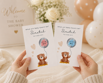 Gender Reveal Scratch Cards, Teddy Bear with a balloon panel