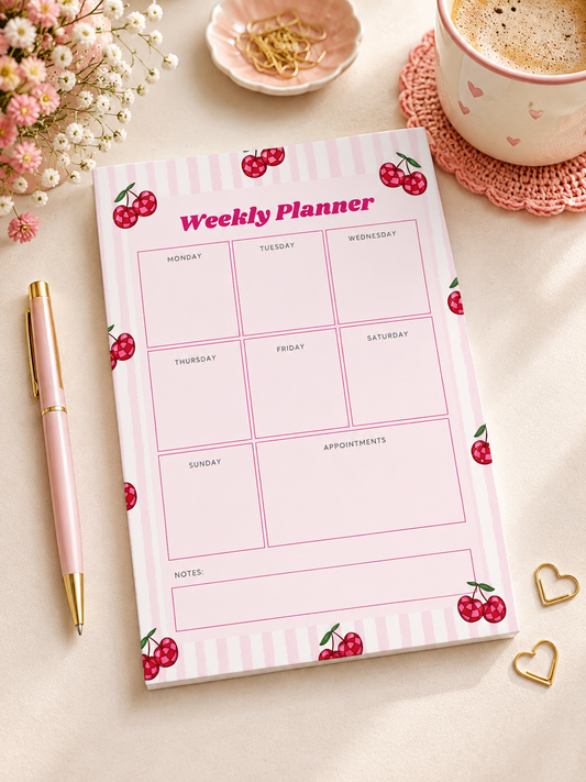 Cherry Weekly Planner Pad | A5 Desk Organiser with Notes & Appointments