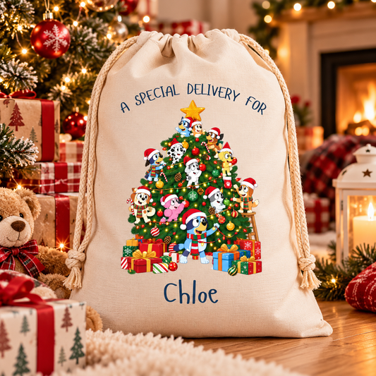 Personalised Blue Dog Christmas Tree Christmas Sack  - Medium or Large