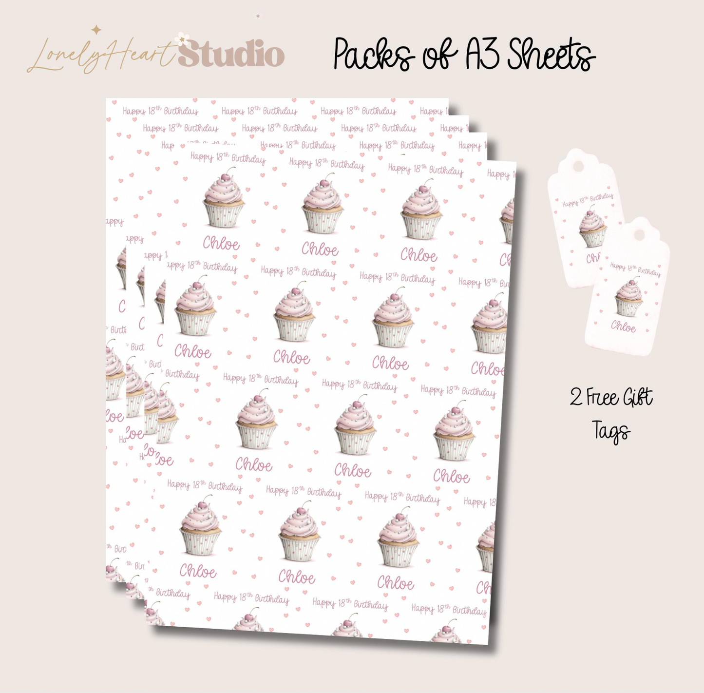 Personalised Pink Cupcake Birthday Paper - Custom Age & Name