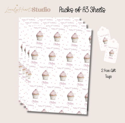 Personalised Pink Cupcake Birthday Paper - Custom Age & Name
