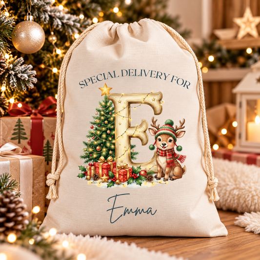 Personalised Gold Initial Christmas Sack – Special Delivery - Medium or Large