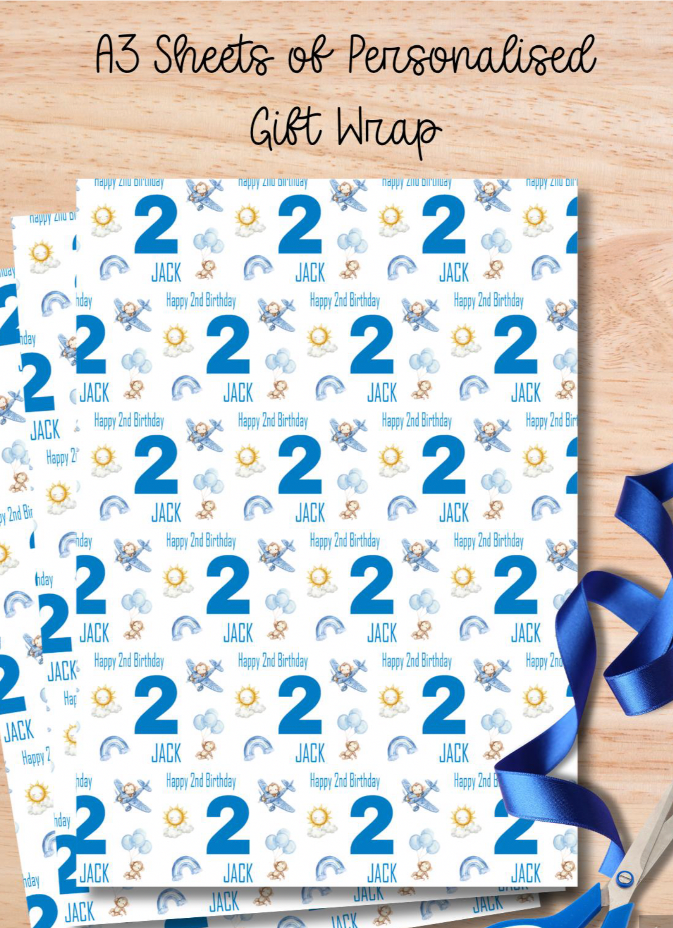 Personalised Birthday Wrapping Paper for Boys - A3 Blue Aeroplane Birthday Paper