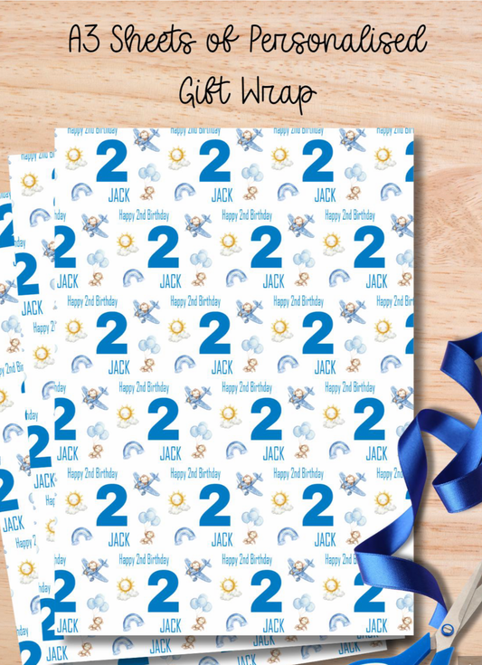 Personalised Birthday Wrapping Paper for Boys - A3 Blue Aeroplane Birthday Paper