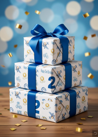 Personalised Birthday Wrapping Paper for Boys - A3 Blue Aeroplane Birthday Paper