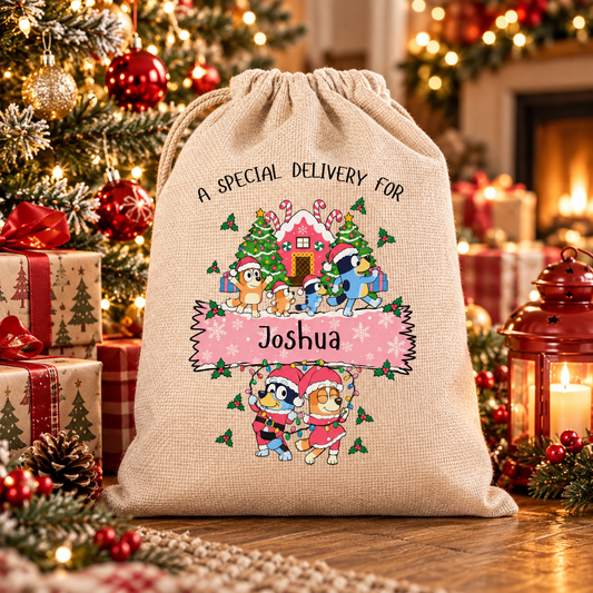 Personalised Blue Dog Banner Christmas Sack  - Medium or Large
