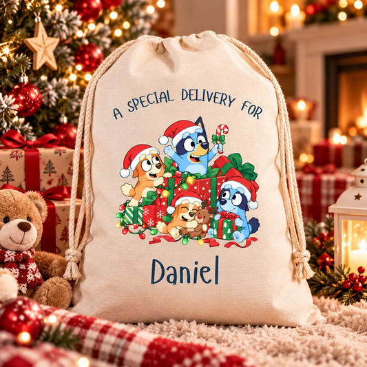 Personalised Blue Dog Presents Christmas Sack  - Medium or Large
