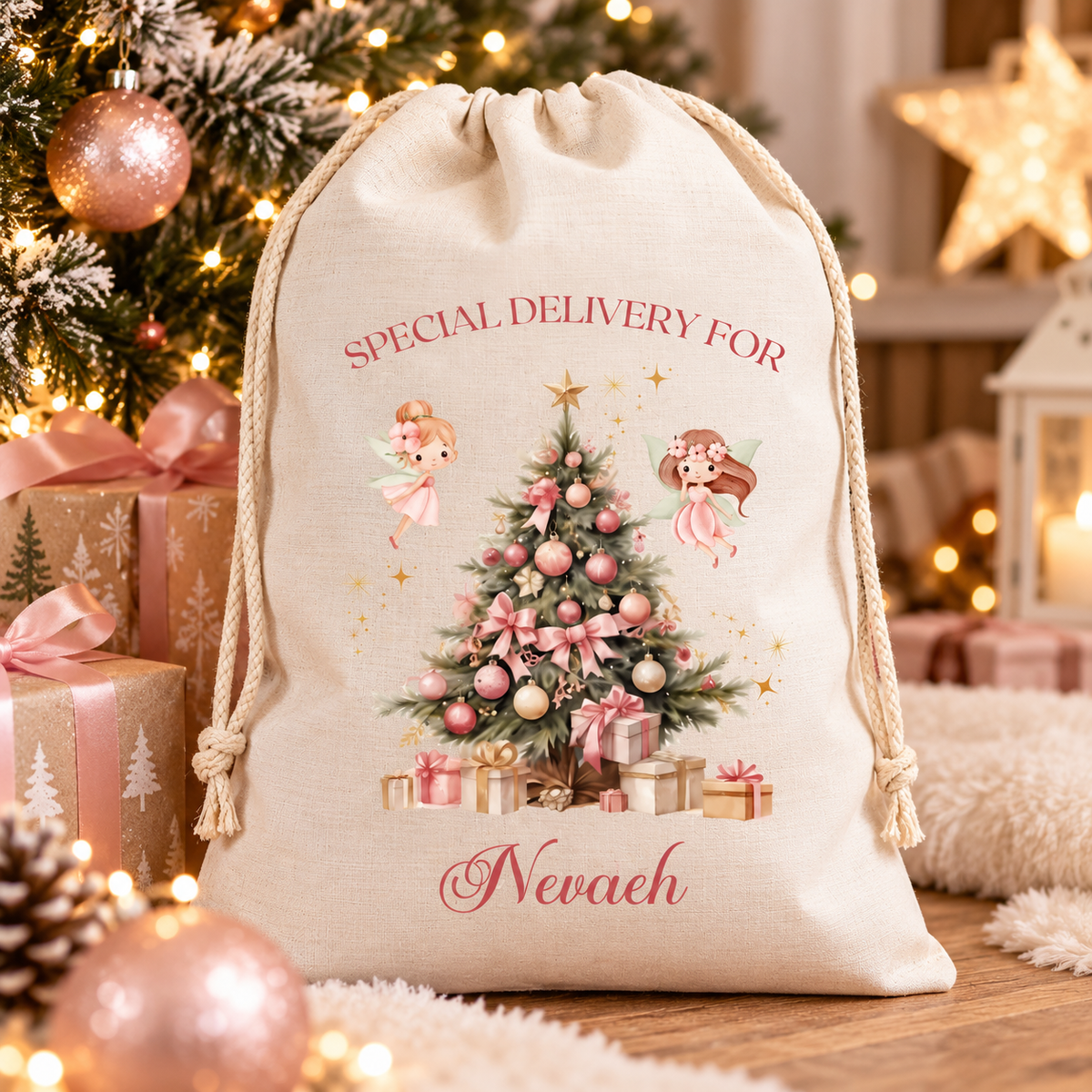 Personalised Pink Fairy Christmas Sack – Special Delivery - Medium or Large