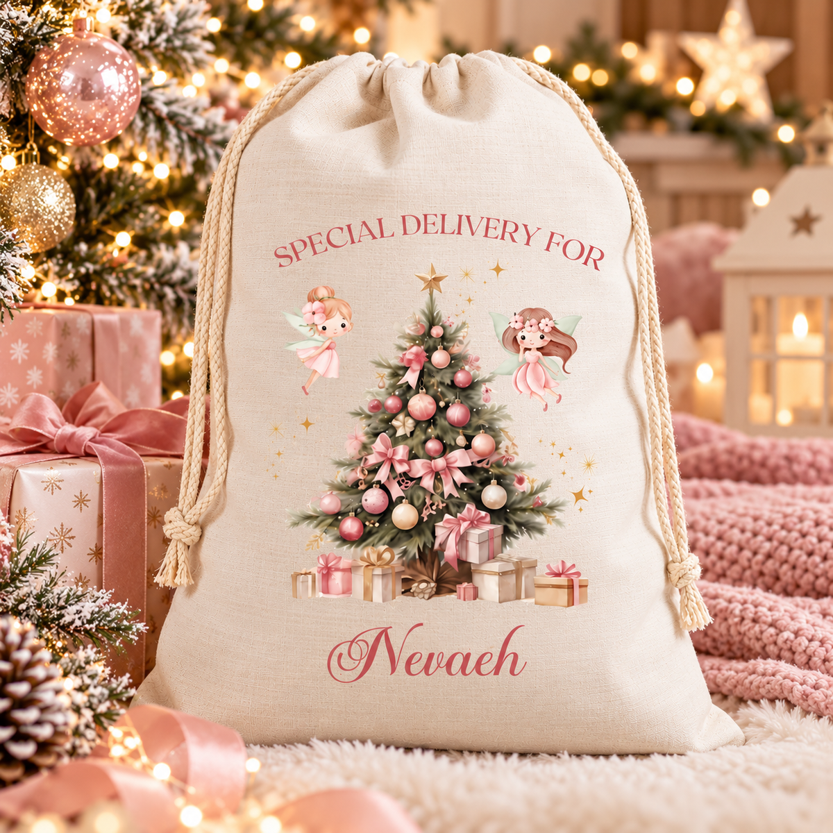 Personalised Pink Fairy Christmas Sack – Special Delivery - Medium or Large