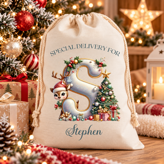 Personalised Gold Initial Christmas Sack – Special Delivery - Medium or Large