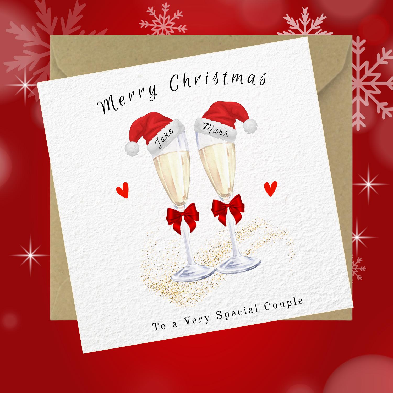 Personalised Champagne Christmas Card for Couple: Santa Hats