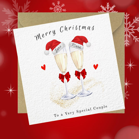 Personalised Champagne Christmas Card for Couple: Santa Hats