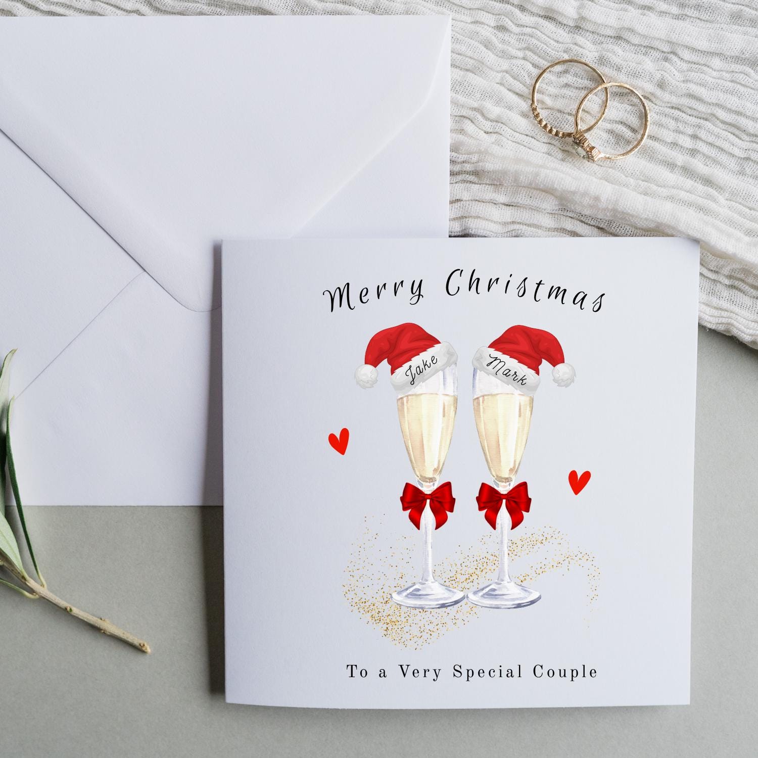 Personalised Champagne Christmas Card for Couple: Santa Hats