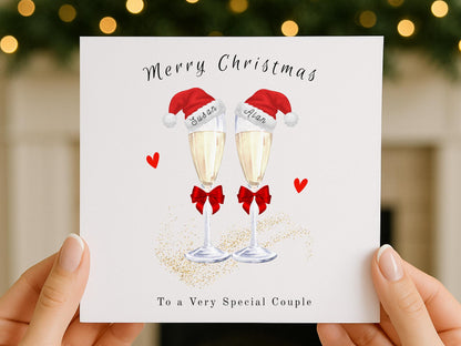 Personalised Champagne Christmas Card for Couple: Santa Hats