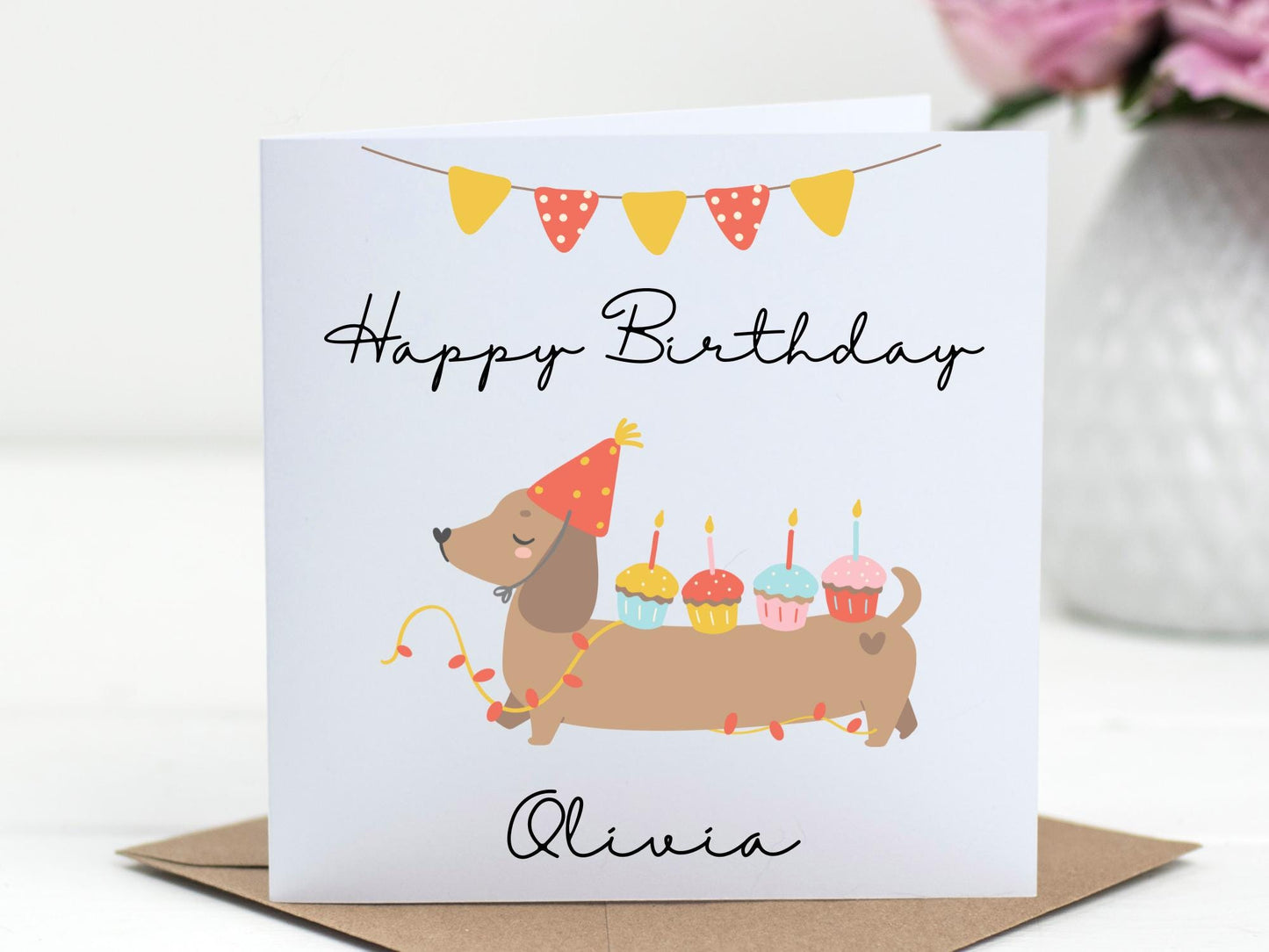 Personalised Dachshund Birthday Card: Handmade Sausage Dog with Cupcakes