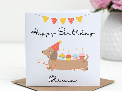 Personalised Dachshund Birthday Card: Handmade Sausage Dog with Cupcakes