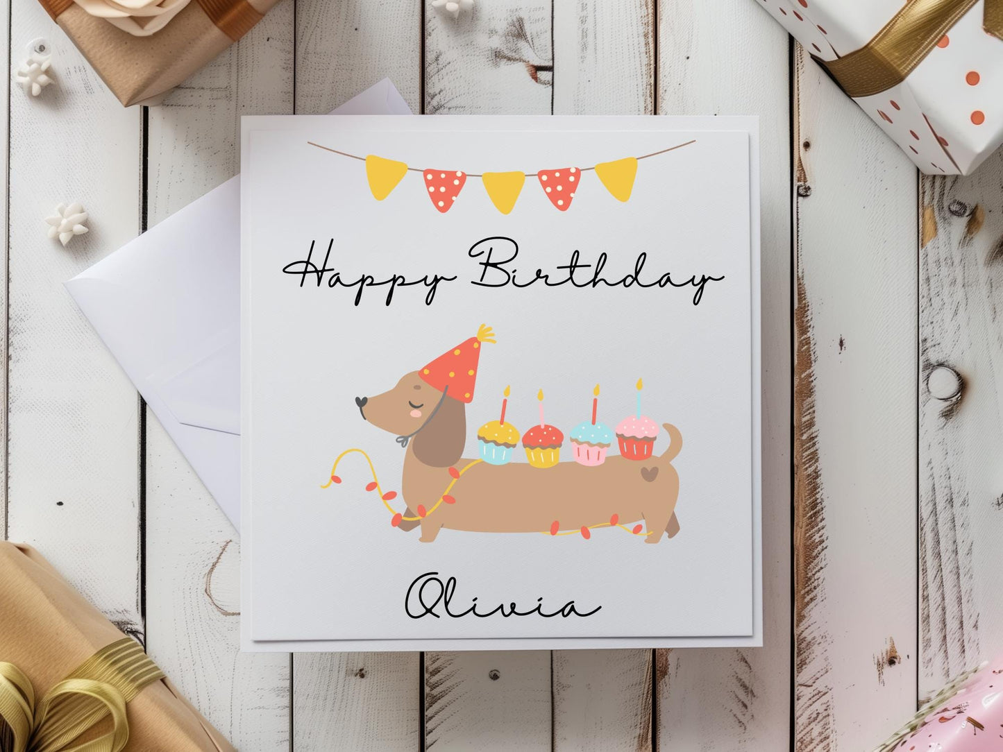 Personalised Dachshund Birthday Card: Handmade Sausage Dog with Cupcakes