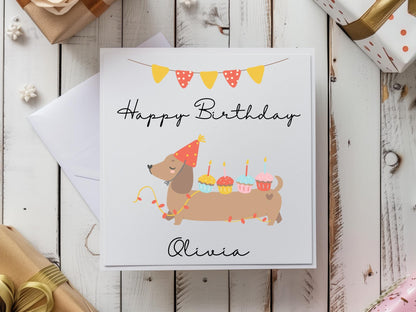 Personalised Dachshund Birthday Card: Handmade Sausage Dog with Cupcakes