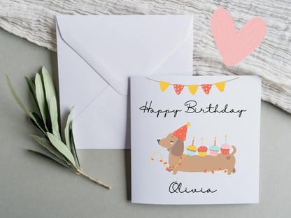 Personalised Dachshund Birthday Card: Handmade Sausage Dog with Cupcakes