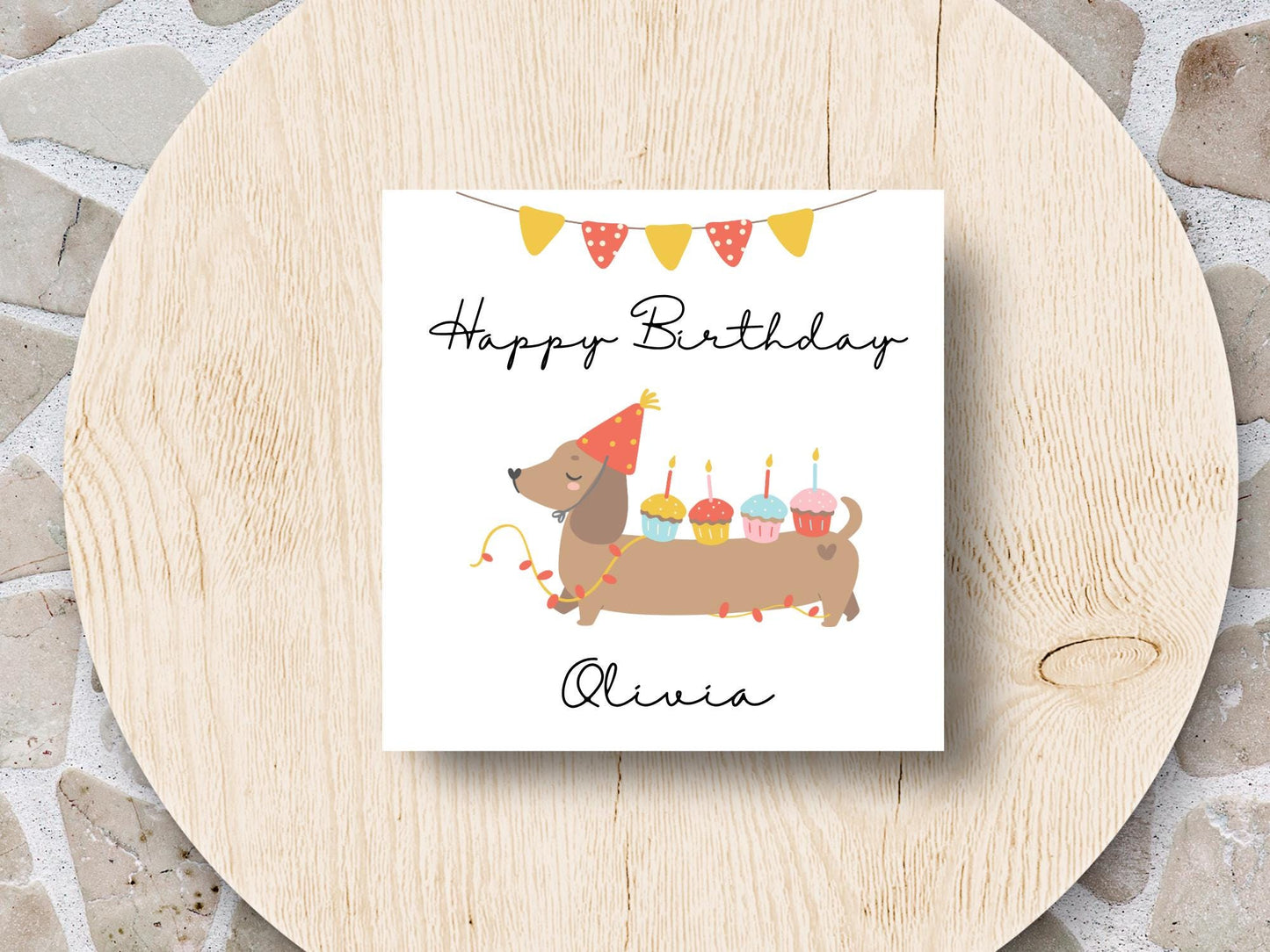 Personalised Dachshund Birthday Card: Handmade Sausage Dog with Cupcakes