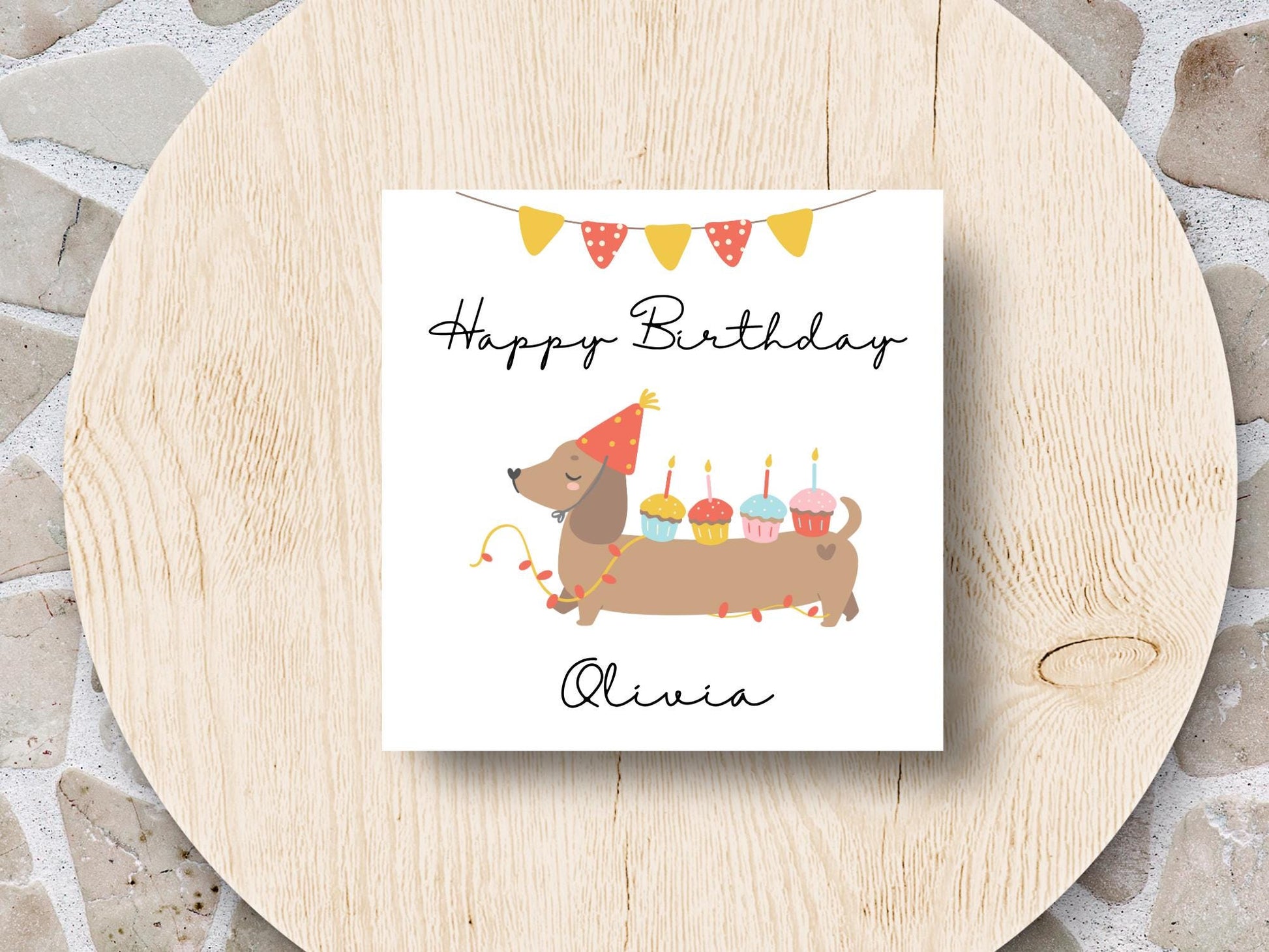 Personalised Dachshund Birthday Card: Handmade Sausage Dog with Cupcakes