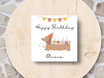 Personalised Dachshund Birthday Card: Handmade Sausage Dog with Cupcakes