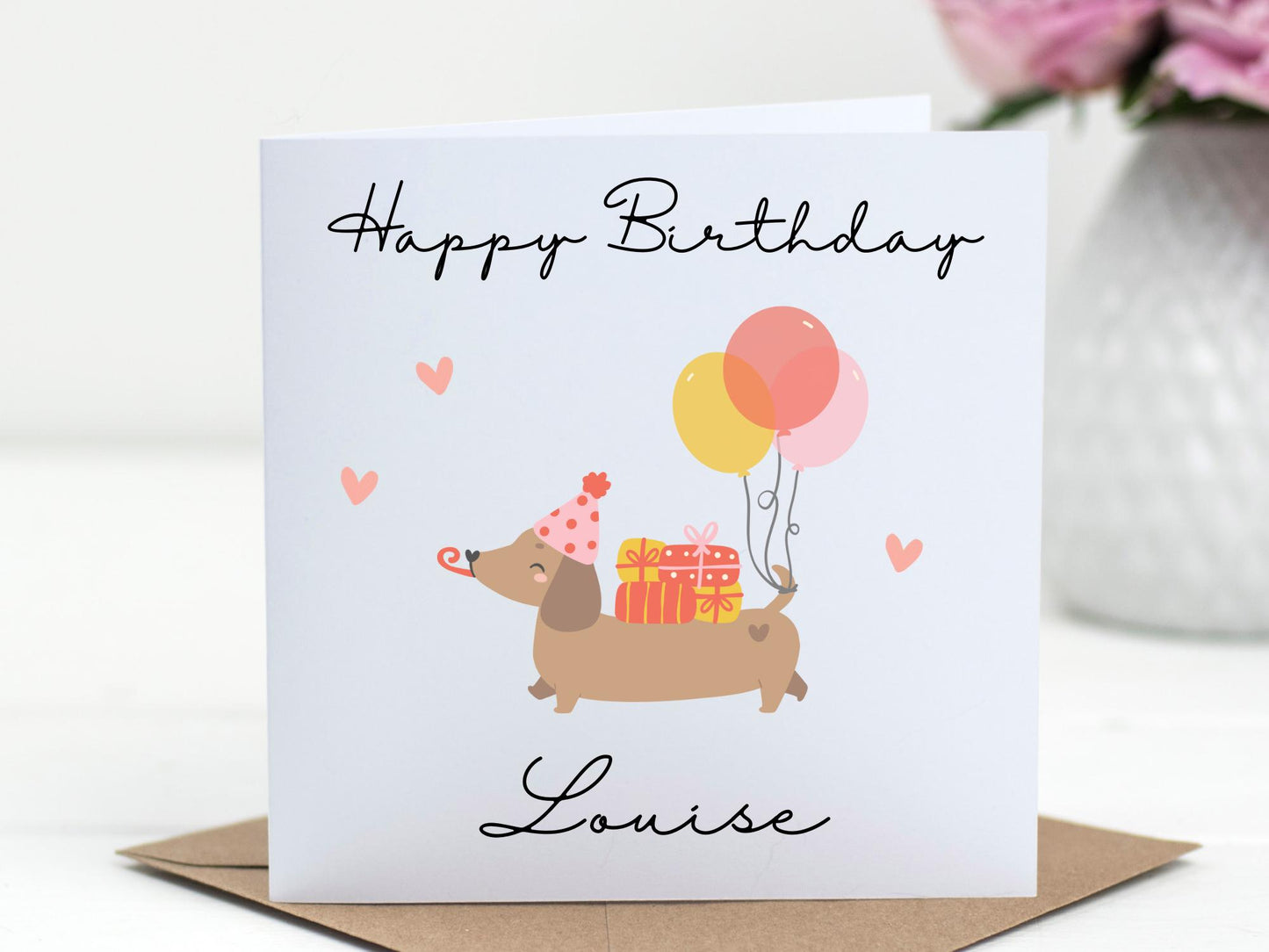 Personalised Dachshund Birthday Card Cute Sausage Dog Card Balloons
