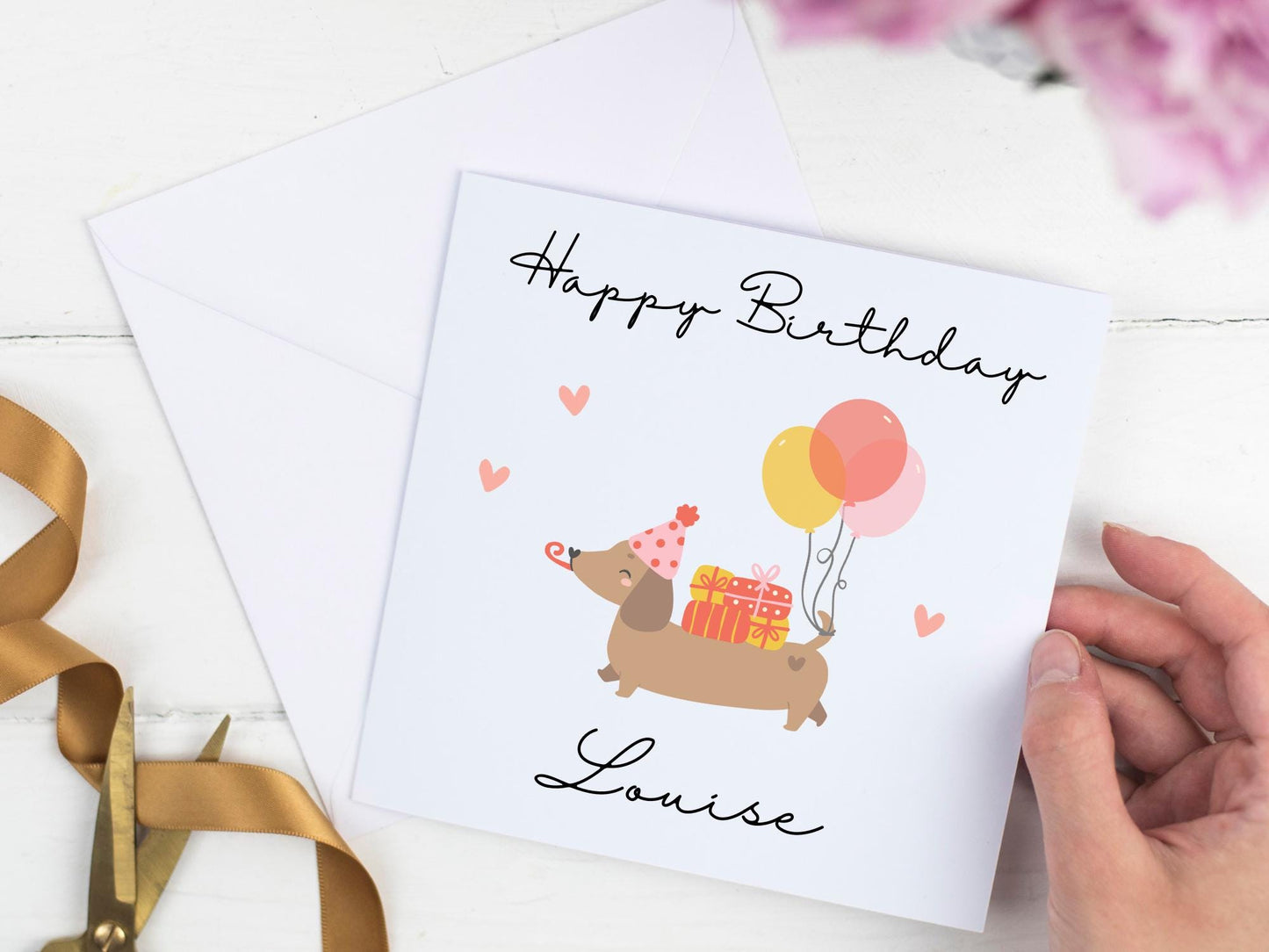 Personalised Dachshund Birthday Card Cute Sausage Dog Card Balloons