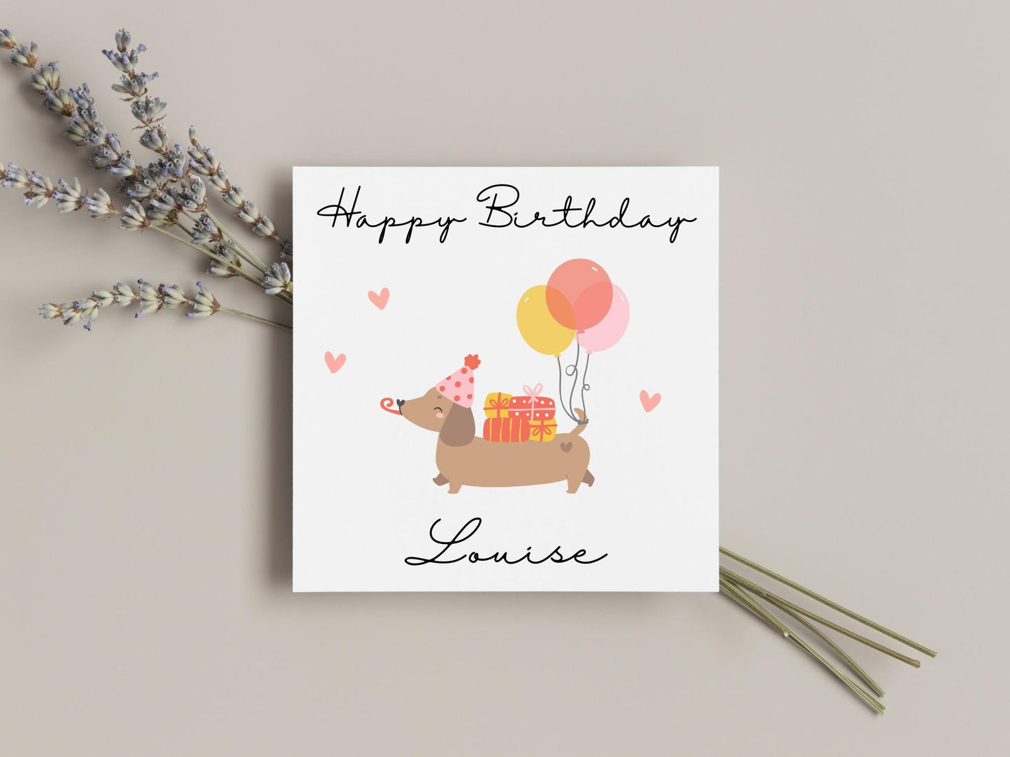 Personalised Dachshund Birthday Card Cute Sausage Dog Card Balloons