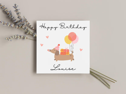 Personalised Dachshund Birthday Card Cute Sausage Dog Card Balloons