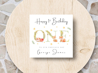 Personalised 1st (First) Birthday Card: Woodland Fox Theme