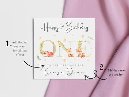 Personalised 1st (First) Birthday Card: Woodland Fox Theme