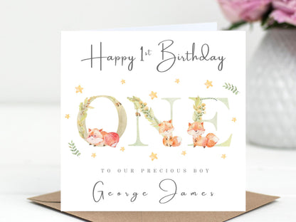 Personalised 1st (First) Birthday Card: Woodland Fox Theme