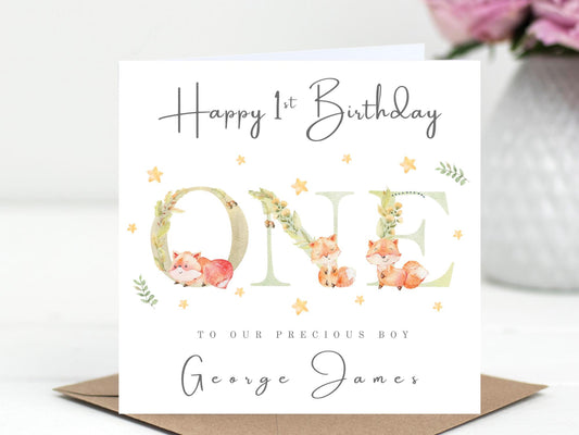Personalised 1st (First) Birthday Card: Woodland Fox Theme