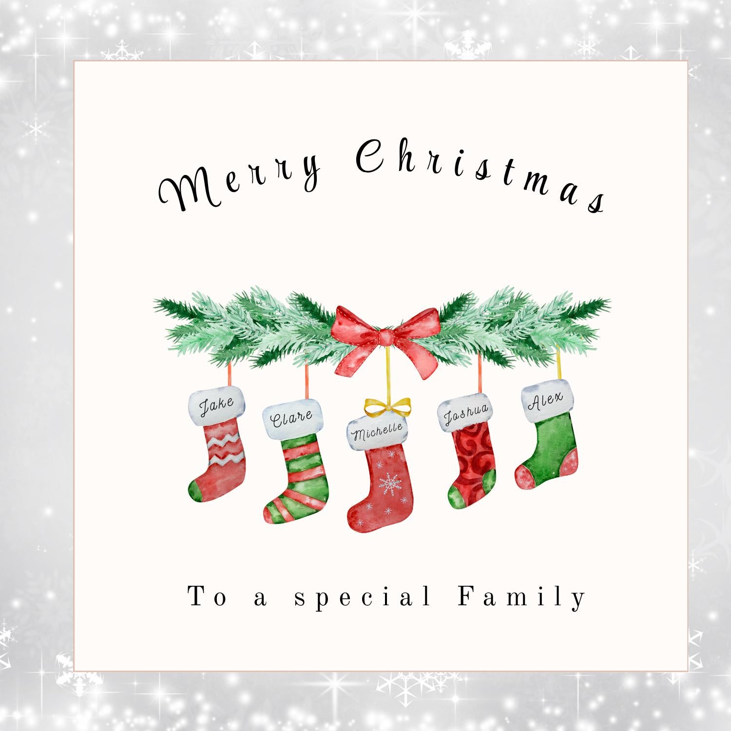 Personalised Christmas Stocking Card: Handmade Festive Family Card
