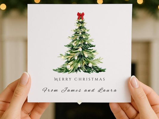 Personalised Watercolor print Christmas Tree Card: Single or multipack Holiday Card Set