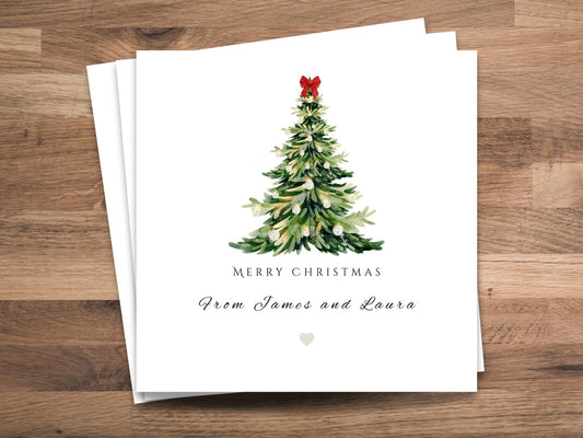 Personalised Watercolor print Christmas Tree Card: Single or multipack Holiday Card Set