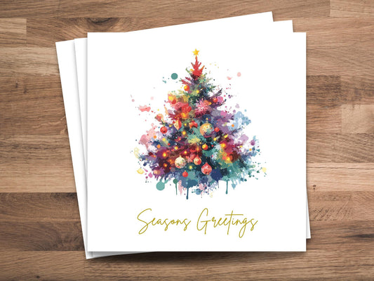 Watercolour Christmas Tree Cards - Single or Multipack Seasons Greetings