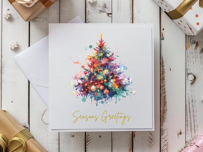 Watercolour Christmas Tree Cards - Single or Multipack Seasons Greetings