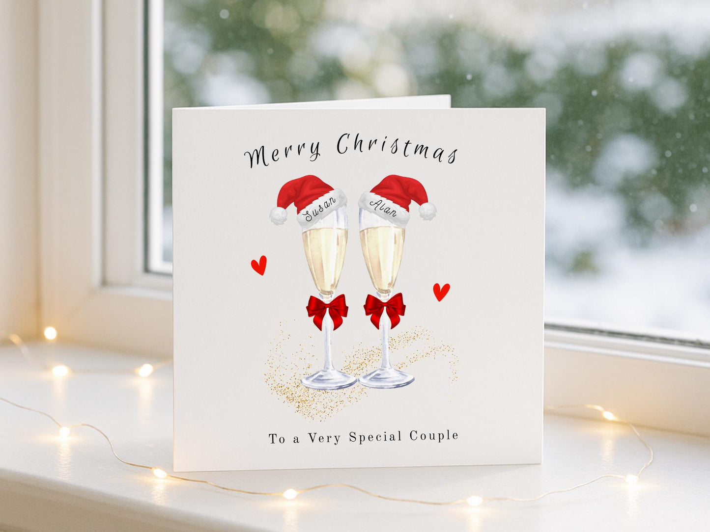 Personalised Champagne Christmas Card for Couple: Santa Hats