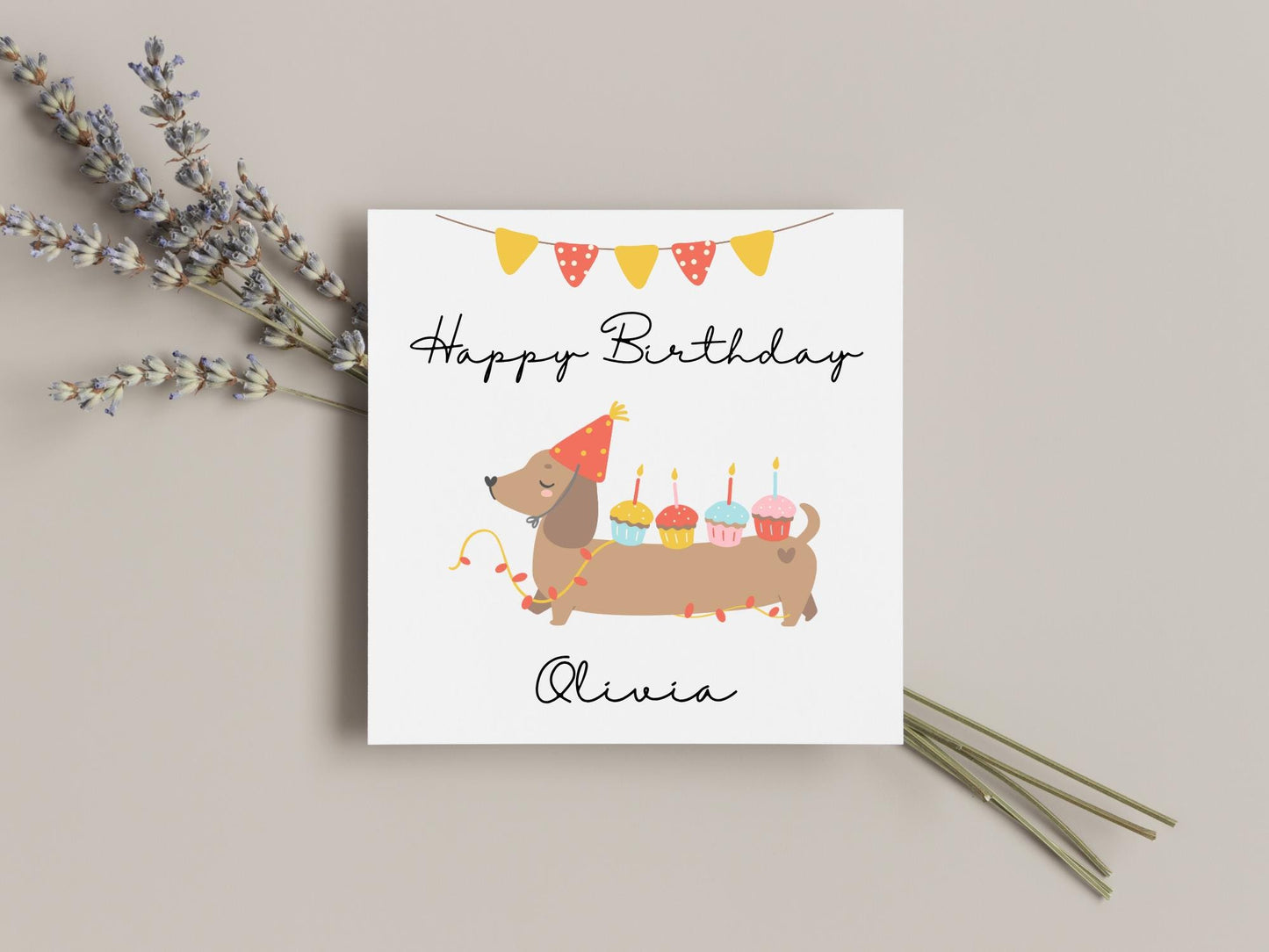 Personalised Dachshund Birthday Card: Handmade Sausage Dog with Cupcakes
