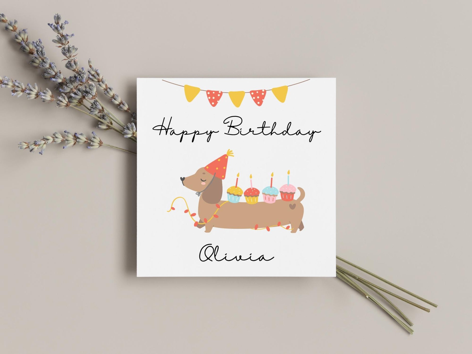 Personalised Dachshund Birthday Card: Handmade Sausage Dog with Cupcakes